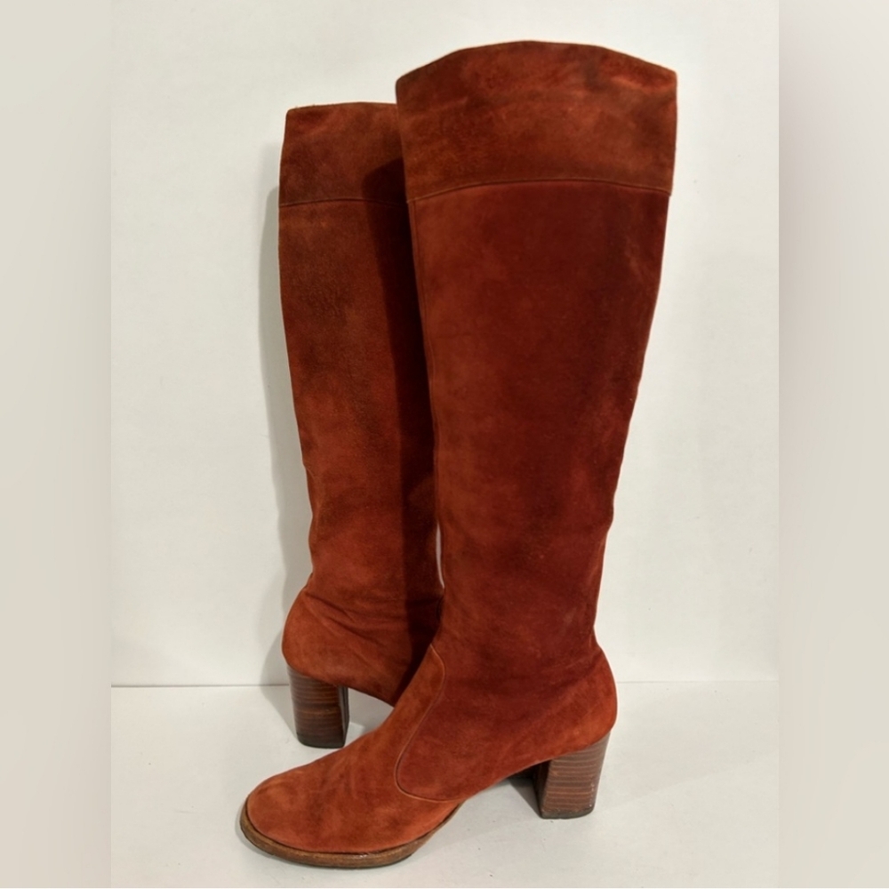 Beautiful 1970s Knee Boots, Genuine Suede Burnt Orange Stacked Heel Size 6 - Picture 14 of 16